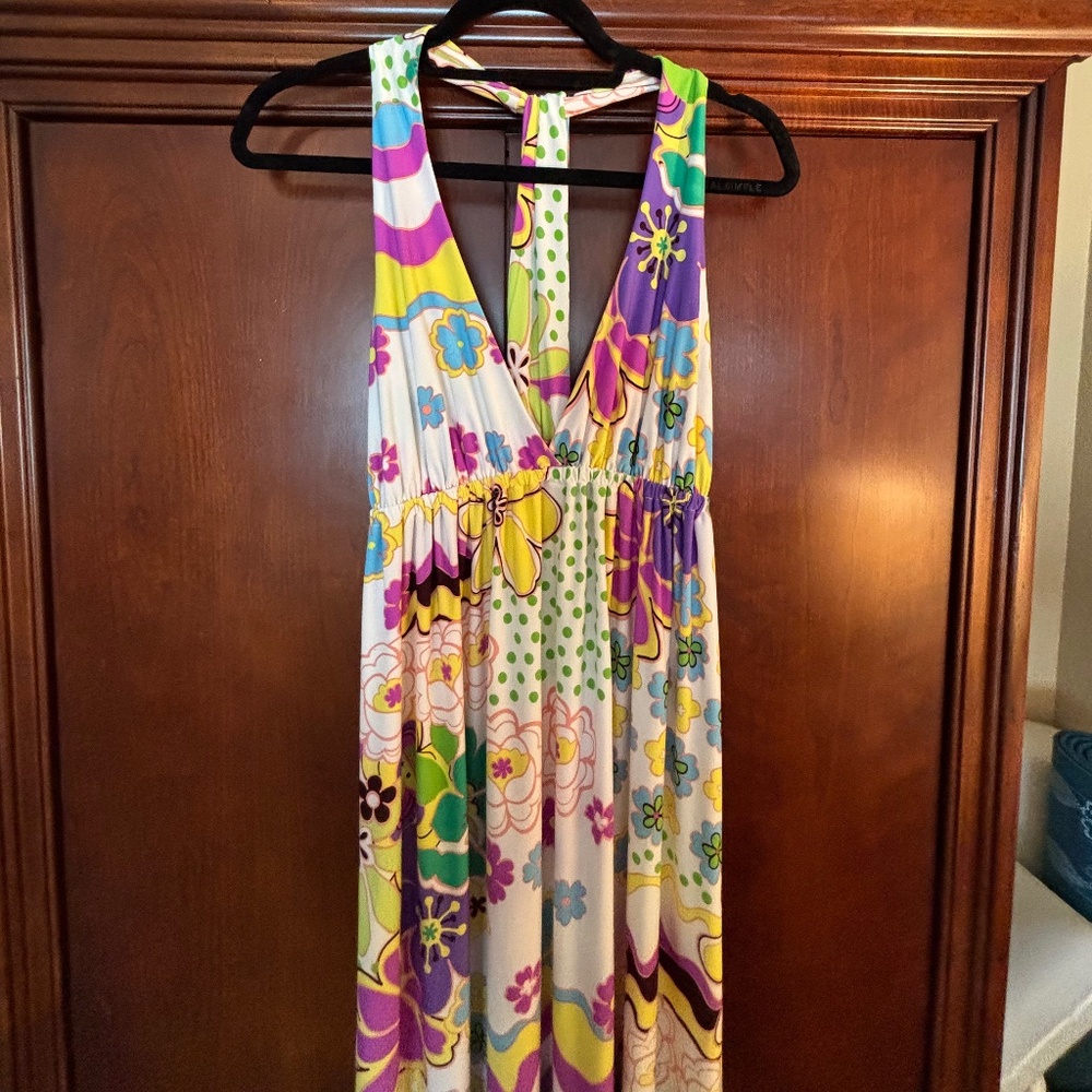 Vintage70s Psychedelic Floral Plunge V-Neck Halter Maxi Dress Multi Color Size M